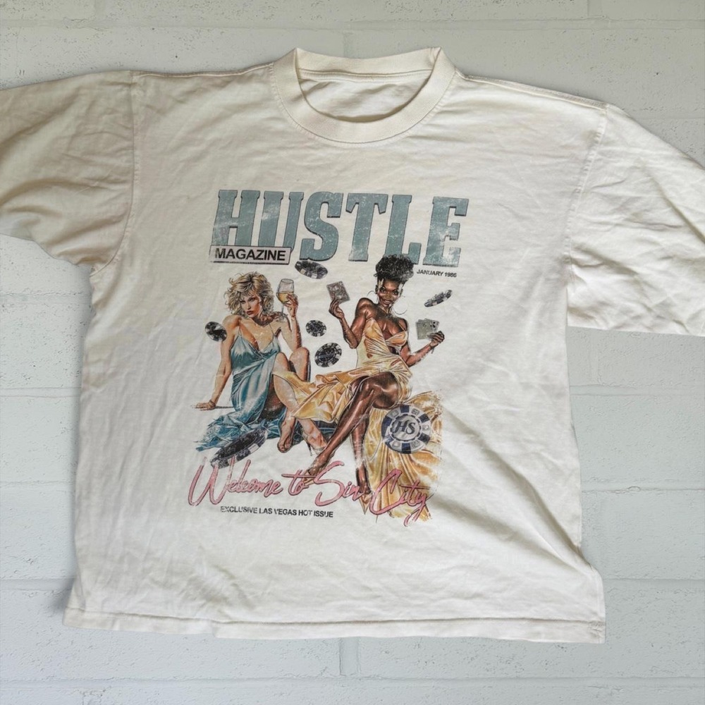 Vintage 80s Hustle Magazine Sin City Graphic Tee Cream Mens XL Boxy